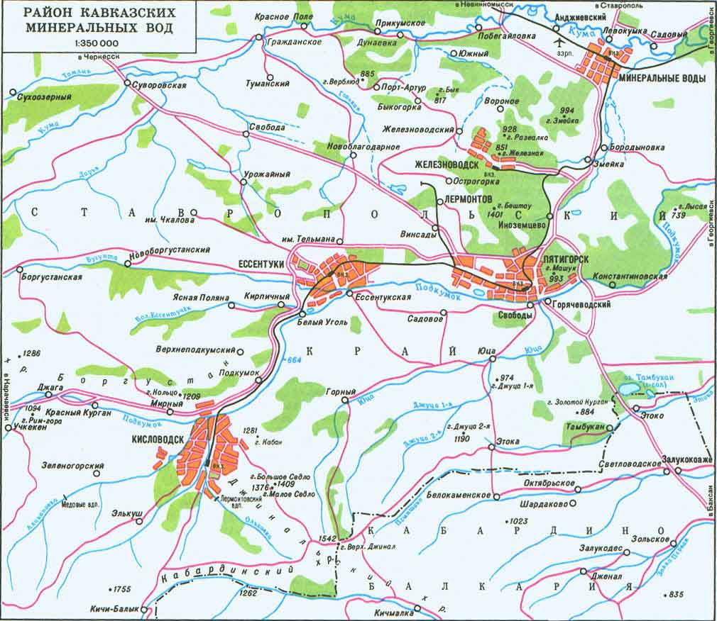 Карта курортов Кавказских Минеральных Вод, Пятигорск, Ессентуки, Кисловодск, Железноводск
